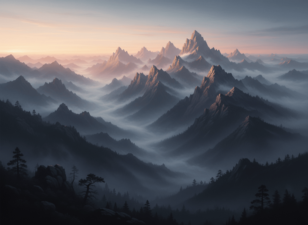 Exact same cinematic dark misty mountain landscape as before — same composition, same scenery, same fog-shrouded peaks and deep valleys. The only change: the image is slightly brighter and clearer, with the first soft golden-rose light of sunrise gently appearing on the horizon, casting a faint warm glow along the distant mountain ridgeline. The mist remains, the mood stays moody and literary, but dawn is just beginning to touch the scene. Atmospheric, painterly, elegant.